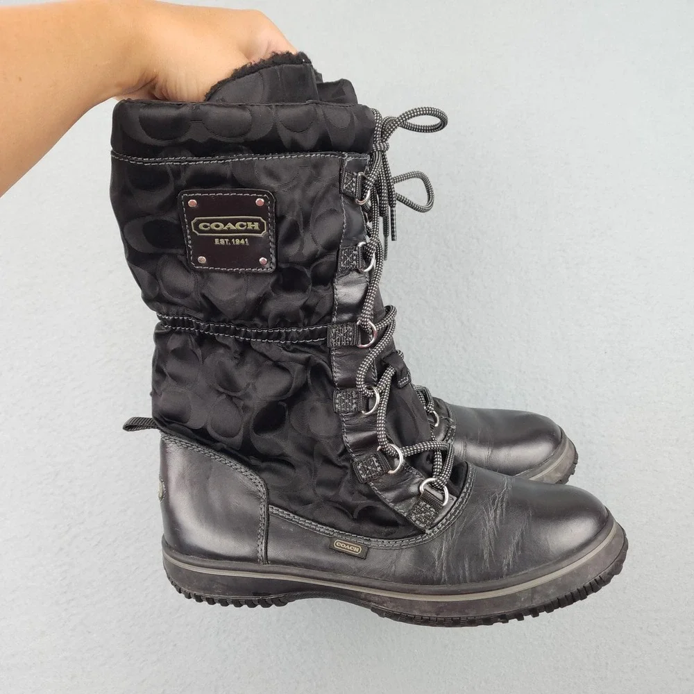 Coach Shaine Snow Boots Womens Size 7 Black Leather Winter Faux Fur Lace Up